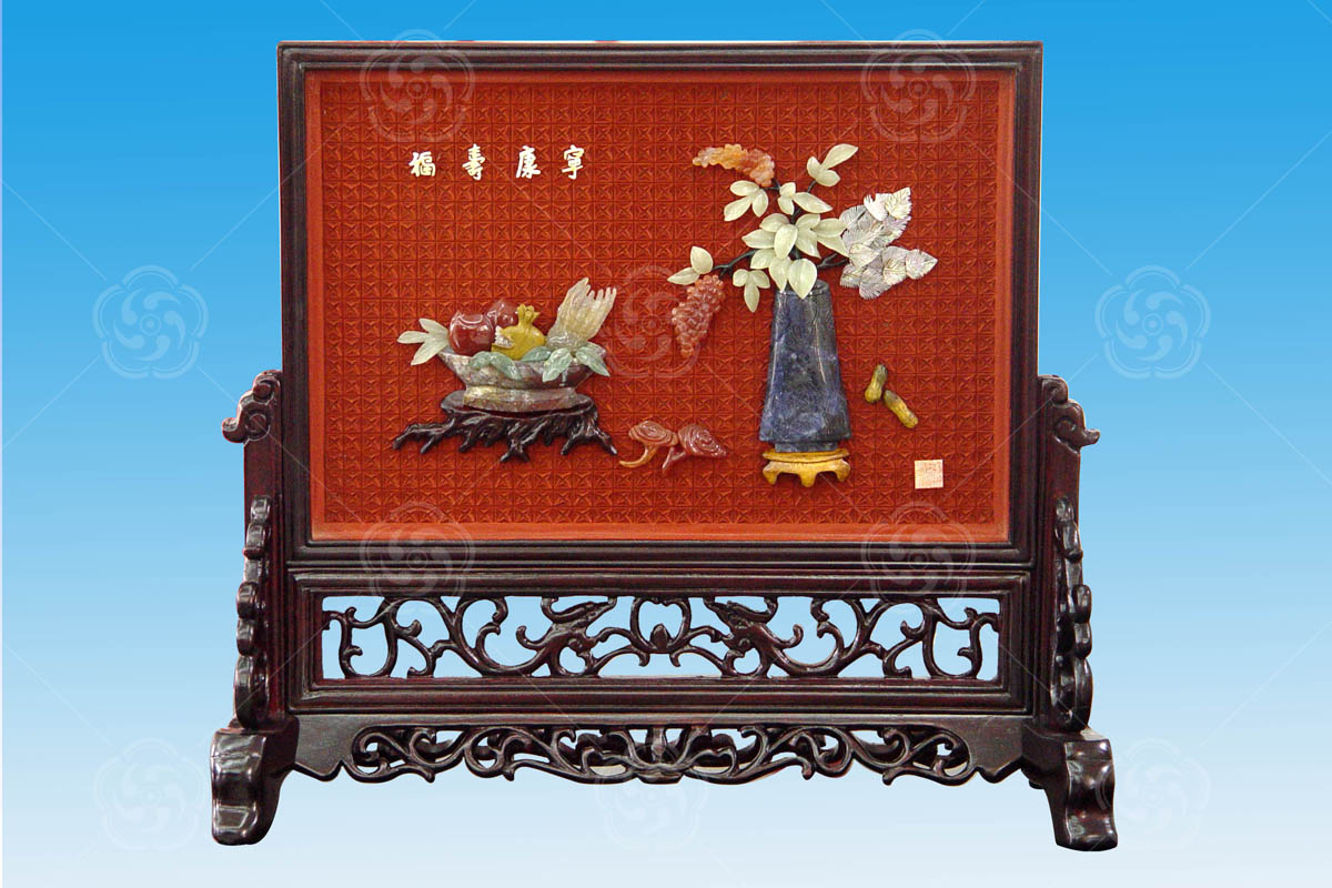 雕漆嵌玉《福壽康寧》博古地屏精品簡介